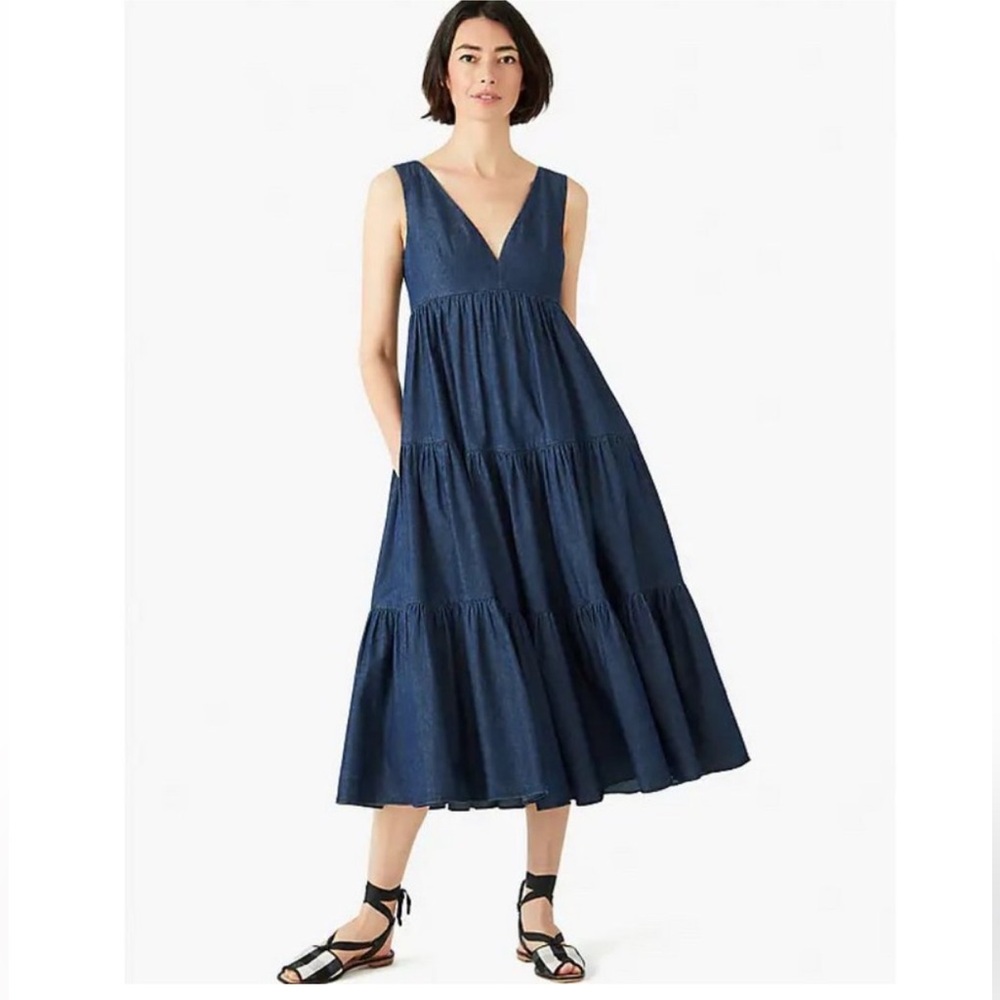 Kate Spade Chambray Vineyard Midi Dress Denim Jean Tiered V-Neck Boho Classic - Picture 2 of 7